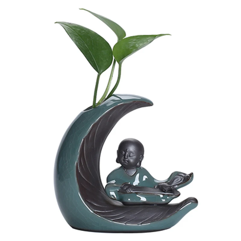 Little Monk Ceramic Chinese Kung Fu Geyao Tea Pet, Creative Moon Shape Ornaments, Hydroponics Flower Pot Vases, Desktop Decor