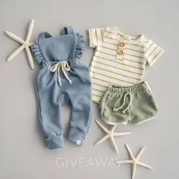

New 2020 bornKid Baby Girl Stripe Romper Ruffle Solid Bib Pants Romper Overalls Cotton Outfits Clothes 0-3Years