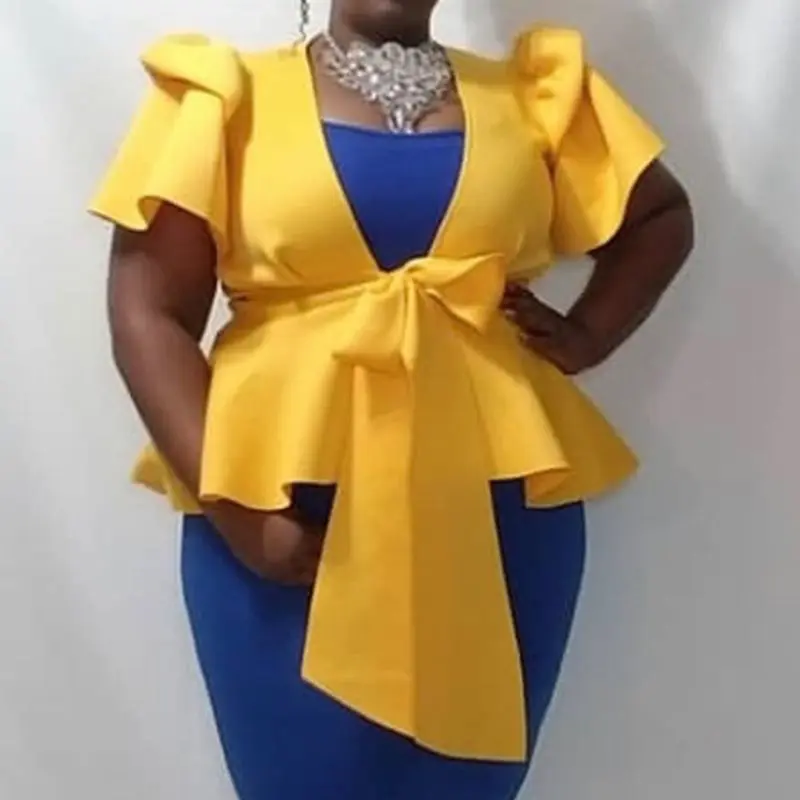 

Plus Size Falbala Deep V Neck Light Yellow Blouse Sexy 2019 Summer Fall Short Sleeve Tunic Bowknot Peplum Ruffles African Top