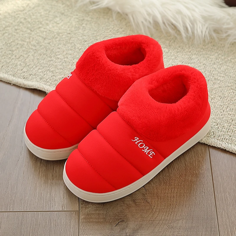 Мужские домашние тапочки; зимняя теплая плюшевая обувь; домашние тапочки для спальни; мягкая меховая обувь для влюбленных; большие размеры; Лидер продаж - Цвет: Red with red fur