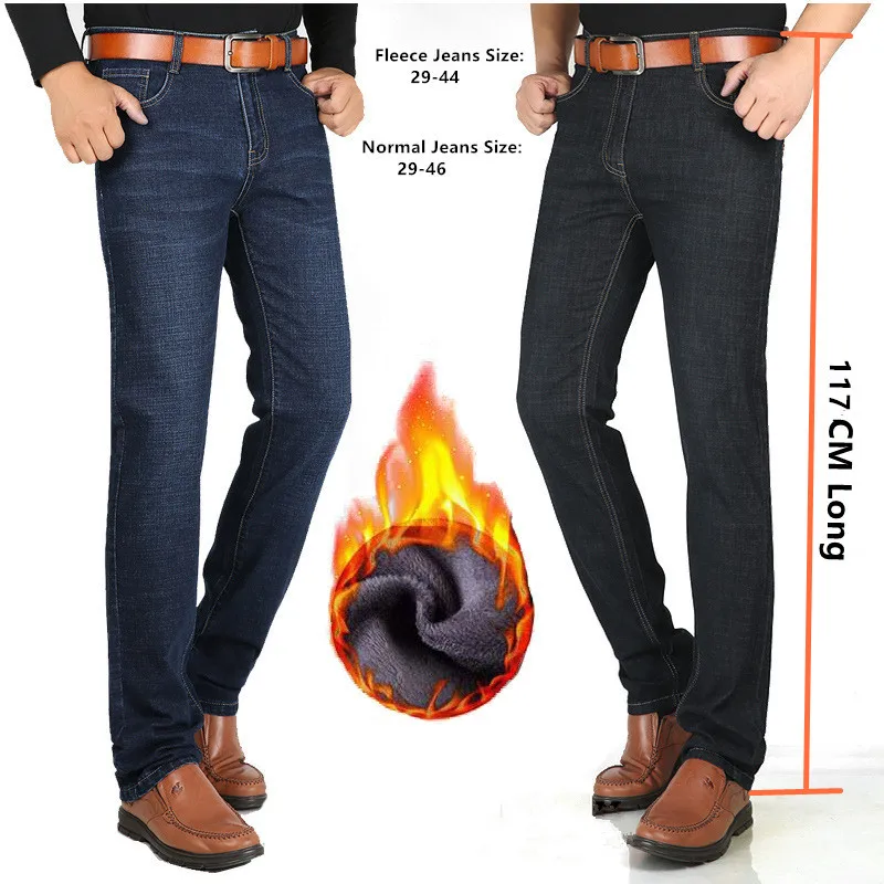 Jeans da uomo alti 117CM pantaloni Extra lunghi dritti Slim Fit neri blu  pantaloni a vita alta in pile Denim invernale Plus Size 40 42 44 46  pantaloni|Jeans| - AliExpress