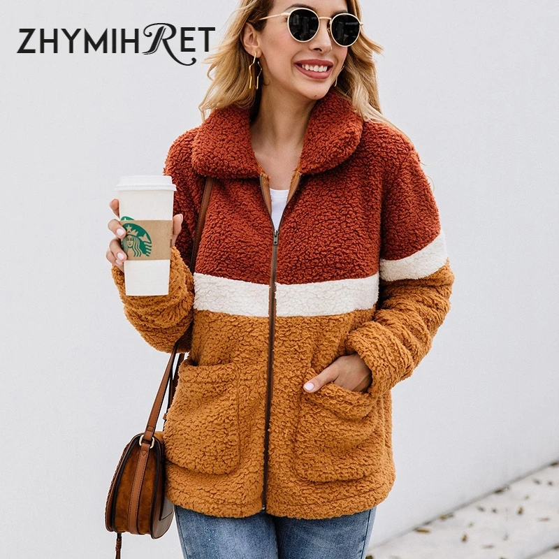 

ZHYMIHRET 2019 Autumn Winter Faux Fur Coat Women Long Sleeve Thick Warm Outwear With Pockets Zippers Patchwok Teddy Coat