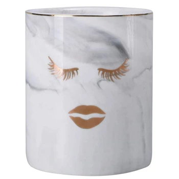 

Gray Marble Pencil and Pen Holder with Golden Edge Makeup Brush Holder Ceramic Desktop Storage Box Pen Holder
