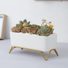 

Oval Rectangular Flower Pot White Ceramic Flower Pot with Golden Metal Stand Succulent Plant Pot Cactus Flower Pot