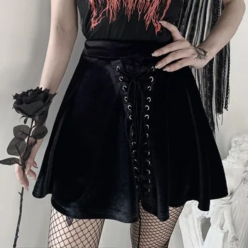 

Spring Pleated Skirts Women Front Lace up Punk Gothic Mini Skirts High Waist Girls Female Velvet Skirts
