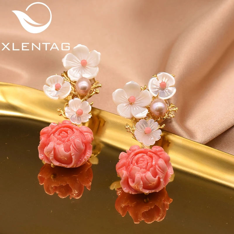 XlentAg, 925 пробы, серебряные, розовые, коралловые Висячие серьги, белый жемчуг, Розовый натуральный камень, раковина, цветок, висячие серьги, ювелирное изделие GE0024