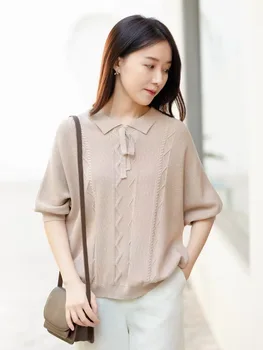 

CYNTHIA 2020 Spring Women's Knitwear Female Summer Vintage Tied Knitted Shirts Short Batwing Sleeve Polo-neck Loose Pullover