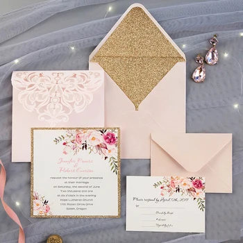 

(50 pieces/lot) Customize Laser Cut Pink Wedding Invitations Gold Glittery Square Birthday Quinceanera Invitation Cards IC137