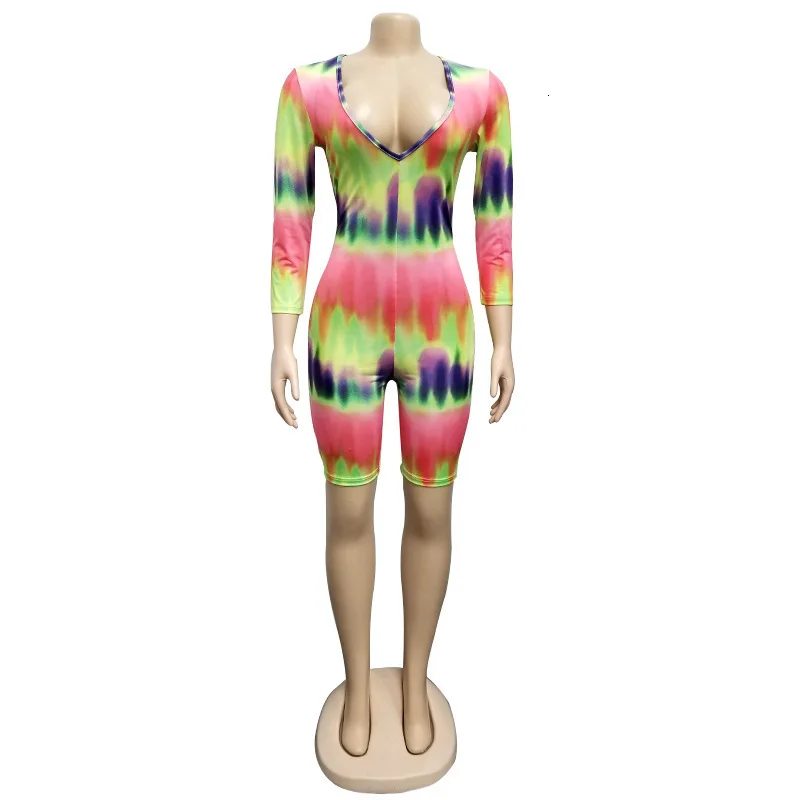 Сексуальный комбинезон Tie Dye для женщин, уличная одежда, глубокий v-образный вырез, Облегающий комбинезон, цельный комбинезон, короткий комбинезон