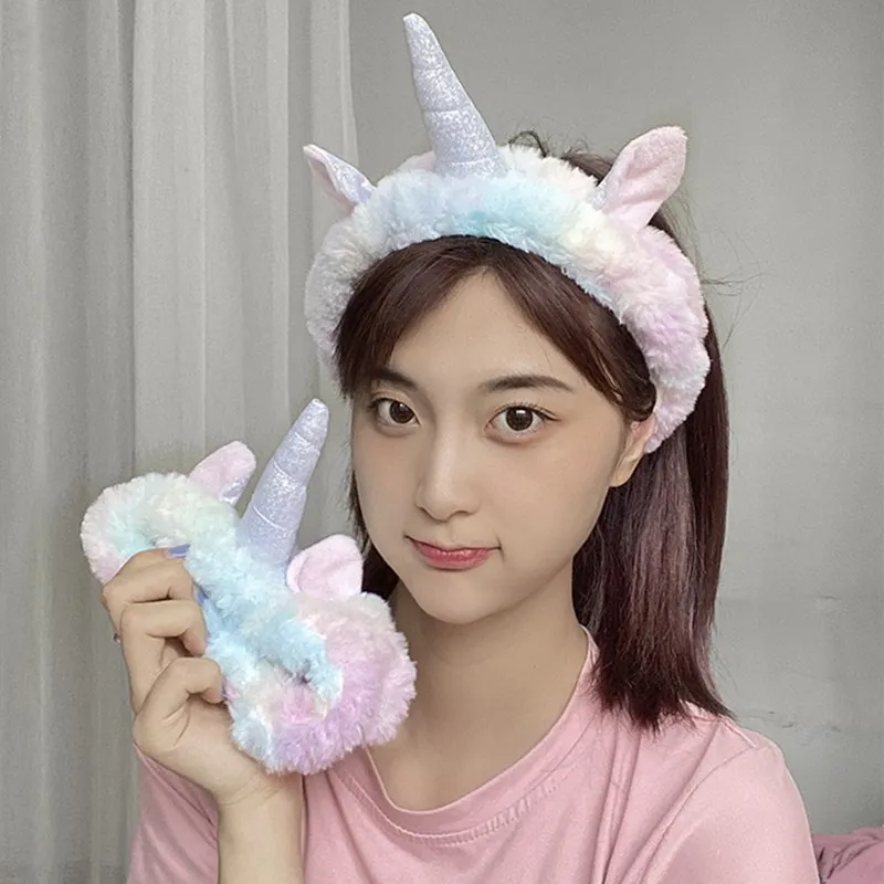 New Women Unicorn Furry Wash Face Headband Ice Cream Color Make Up Hair Band Headwrap Turban Elastic Headband Hair Accessories пенал cat unicorn face