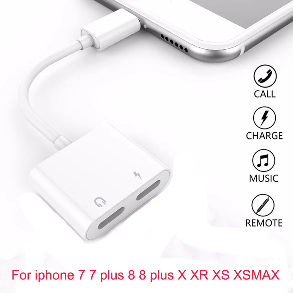 

2 in 1 Dual Jack Aux Adapter White Splitter Cable For iPhone 8 7 Plus Charging+Audio Support Mic Call For iphone X XS Max XR