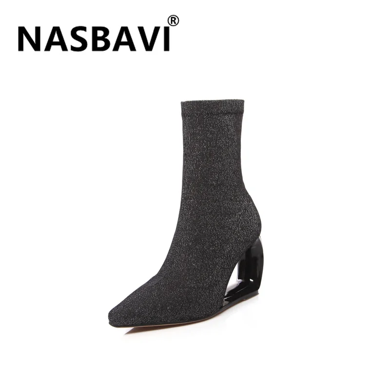

new square Toe Sock Boots Knitted Stretch Shaped heel High Heels Women Boots 2019 Brand Fashion Ankle Boots for Women Winter
