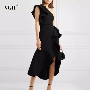 

VGH Patchwork Ruffle Asymmetrical Dress For Women One Shoulder Sleeveless High Waist Dresses Female 2020 Spring Fashion New