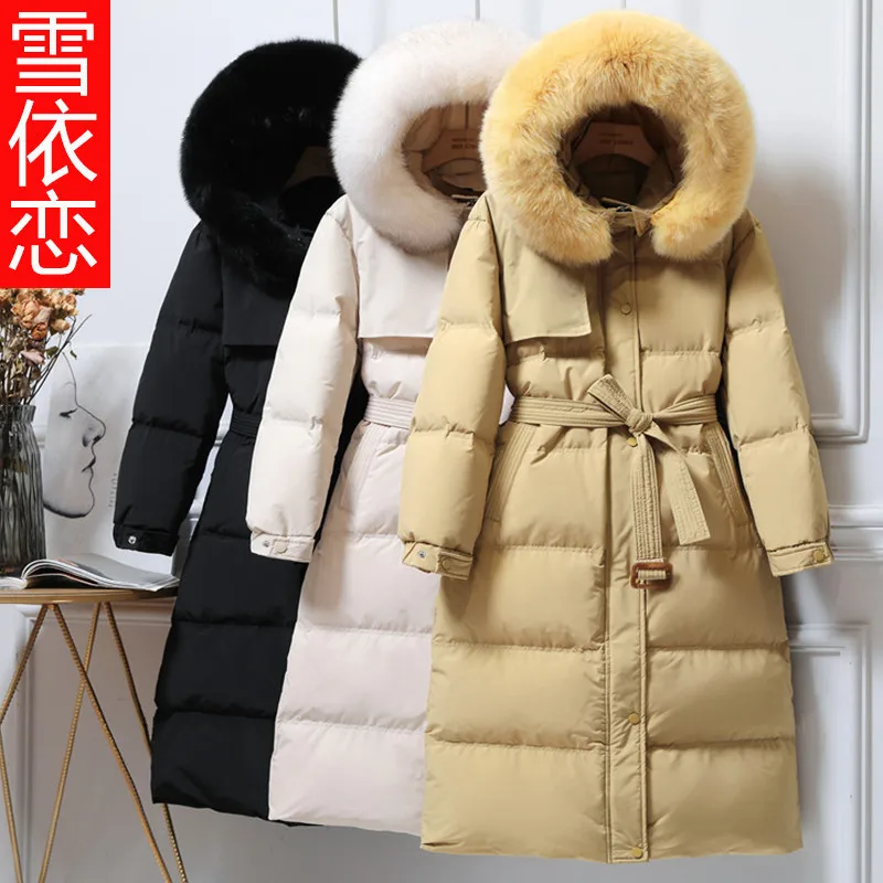 

Winter Women black white yellow thick Down Jacket White Duck Down Jackets fur collar Long Sleeve Coat Portable Outwear loose