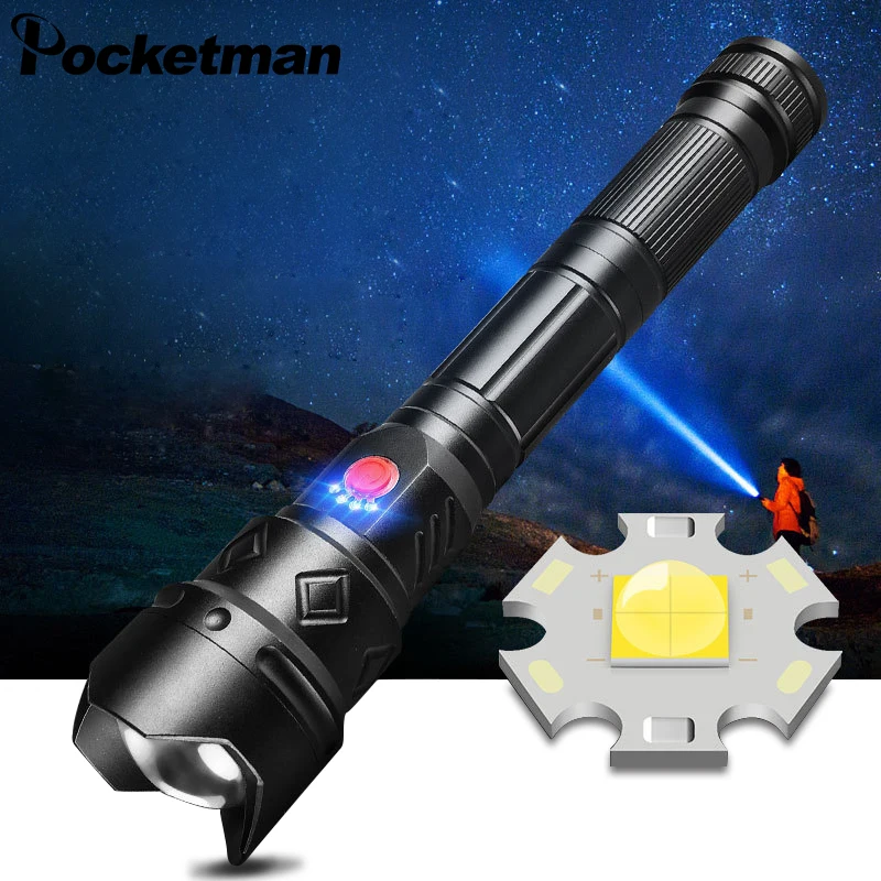 

Powerful Zoomable LED Flashlight 3 mode waterproof XHP70 tactical torch USB charging camping lantern use 26650 battery hand lamp