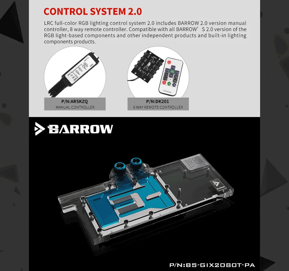 Barrow BS-GIX2080T-PA, LRC 2.0 Full Cover Graphics Card Water Cooling Blocks, For Gigabyte AORUS RTX2080Ti/2080/2070  