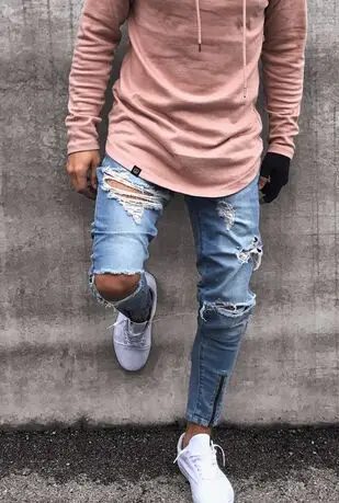 Новые мужские джинсы в европейском и американском стиле, популярные модели джинсовых брюк на молнии с дырками, хип-хоп узкие брюки