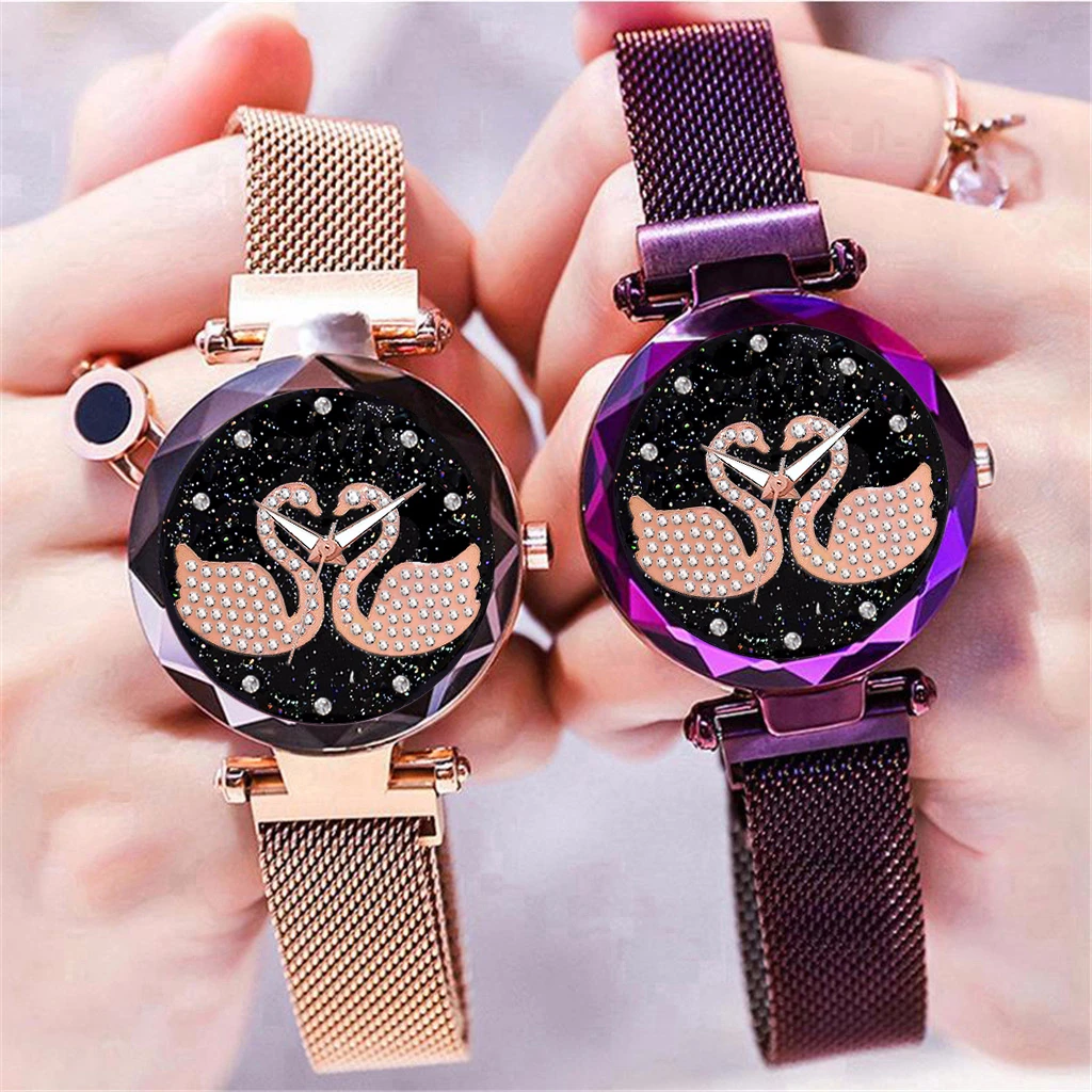 

Women Magnet Buckle Starry Sky Swan Diamond Watch Luxury Ladies Stainless Steel Quartz Watch Clock Relogio Feminino