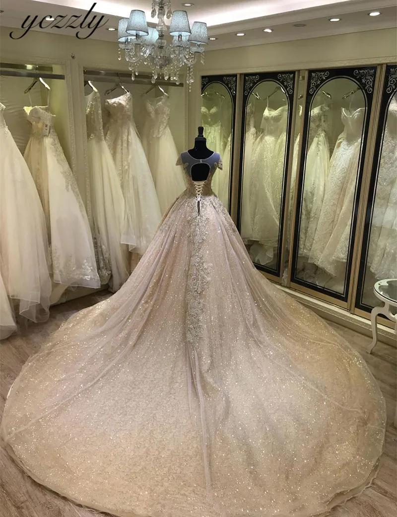 Abiti Da Sposa роскошное блестящее бальное платье с кружевом, бисером, кристаллы для свадебного платья с рукавами, цвета шампанского, золотого, арабского цвета, платье для невесты YW90
