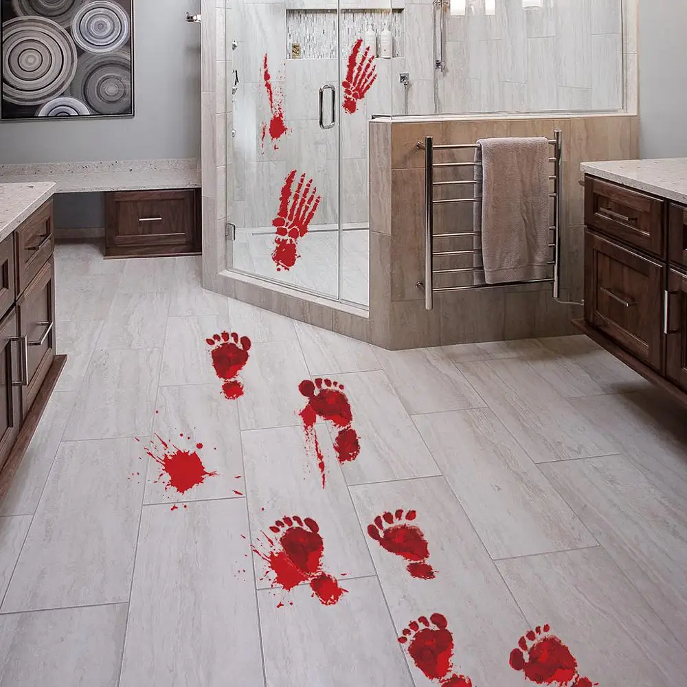 3D Horrible Halloween Decoration Bloody Wall Stickers Fingerprint Blooding Handprint Foot Wallpaper Glass Window Halloween Decor