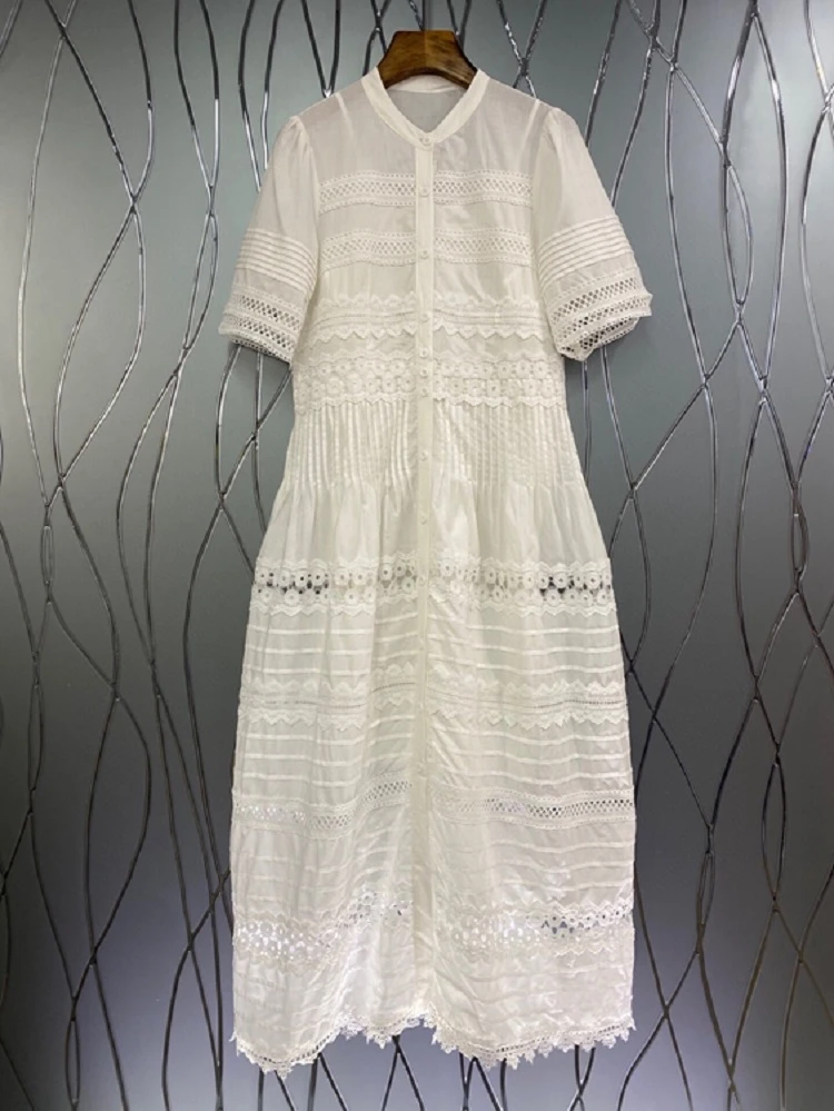 Vestido de algodón de alta calidad para mujer, vestido blanco largo con botones bordados, manga corta, informal, para fiesta, 2021|Vestidos| AliExpress