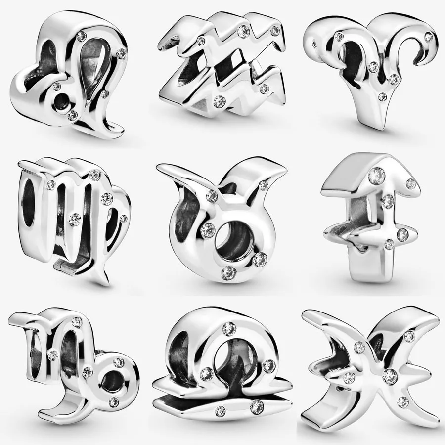 

2019 New Style 925 Sterling Silver Sparkling 12 Zodiac Charm Bead Fit pandora Bracelet Zodiac Charm Bead DIY Jewelry