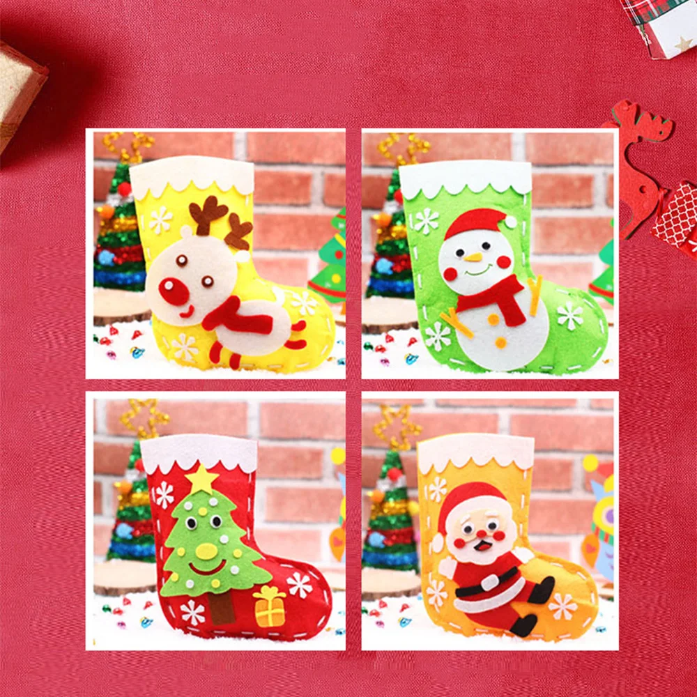 10pcs Kids Handmade Christmas Stocking Kit DIY Cartoon Sock Gift Holder Bag Kids Toy Non-Woven Gift Candy Bag Xmas New Year Gift