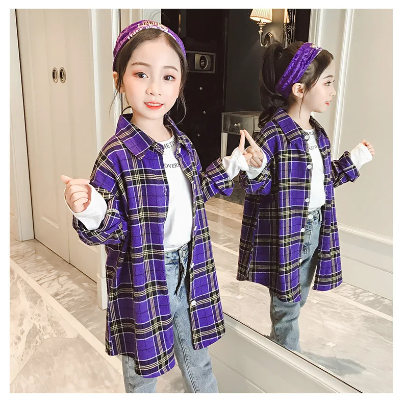 Клетчатая рубашка для девочек весна-осень г., стиль, корейский стиль, западный стиль, детская блузка с длинными рукавами весенняя одежда для крупных детей