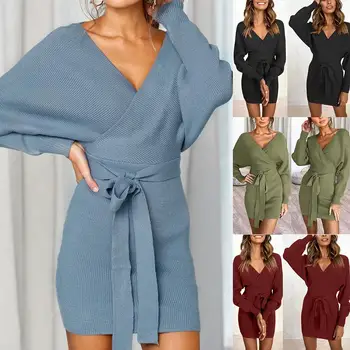 

Hot Autumn Fashion Women V Neck Long Sleeve Waist Belt Knitted Sweater Slim Mini Dress Solid Color Bodycon Cotton Women's Dress