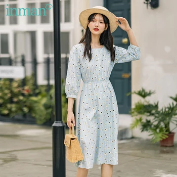 

INMAN 2020 Autumn New Arrival Square Collar Palace Style Bubble Sleeve Daisy Flower Middle Sleeve Dress