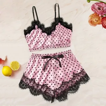 

Top and Shorts New Fashion V-Neck Pajamas Sets Sexy Lace Sleepwear Lingerie Nightwear Satin Cami Top femme #C