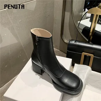 

2020 PENUTA Black Genuine Leather Chelsea Boots Round Toe zipper Shoes Chunky Heel Women's INS Fashion Shoes Ankle Boots D0010