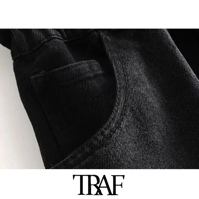 TRAF Женские винтажные Стильные Джинсовые штаны с карманами и высокой талией, женские модные штаны на молнии с эластичной резинкой на талии