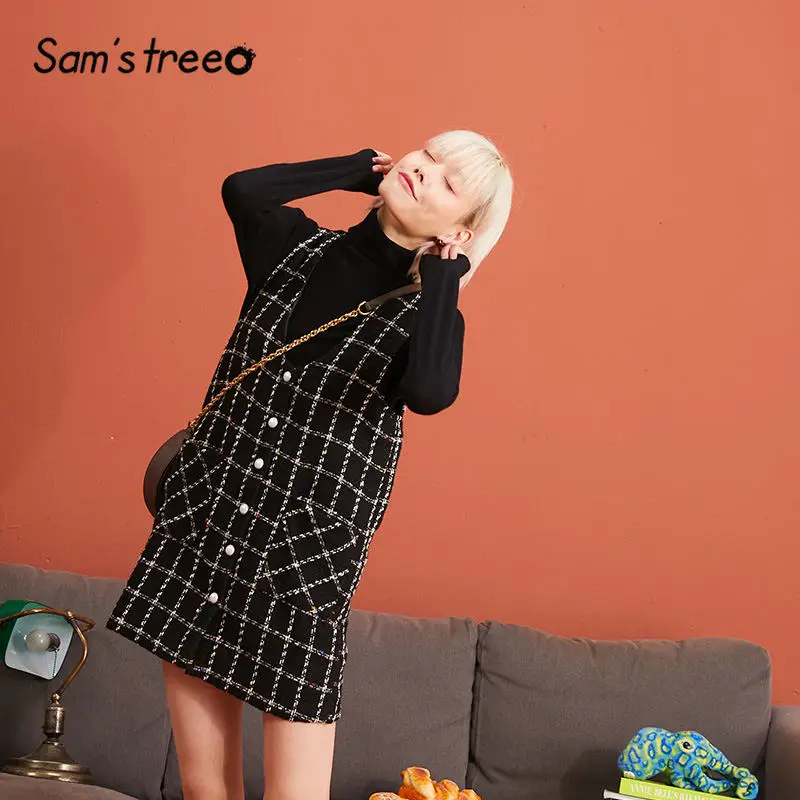 Baratos SAM S TREE Black Plaid Tweed sin mangas vestido Casual mujer 2019 invierno blanco Chessman botón bolsillo Oficina señoras vestidos diarios