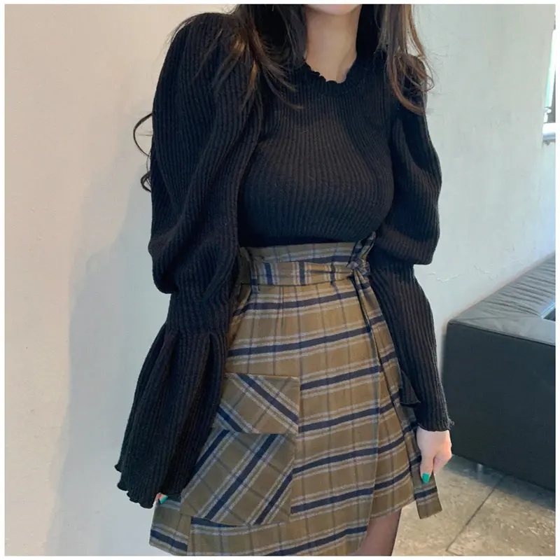 Черный пуловер с кружевным воротником высокое качество расклешенными рукавами