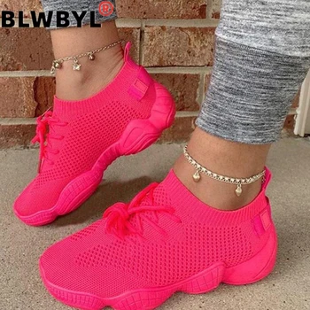 

Air Mesh Women Sneaker Sock Shoes Summer Breathable Cross Tie Platform Round Toe Casual Fashion Sport Lace Up 2020 Female Girl