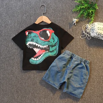 

Cartoon shark clothes summer casual baby boy suit new baby boy clothes printed cotton short-sleeved denim shorts two-piece suit