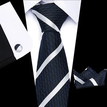 

Men tie 8cm 100% silk Blue and Brown stripe lattic necktie Woven Hight Quality tie + Handkerchief + cuffink set Wedding L10003