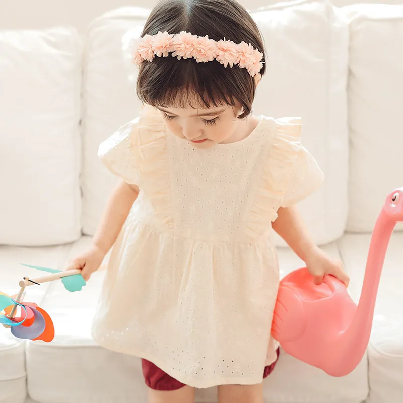 Детская одежда из Южной Кореи; летняя рубашка для девочек; топы; Милая хлопковая тонкая детская рубашка на шнуровке с короткими рукавами и застежкой сзади
