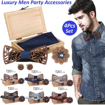 

4Pcs Manual Wooden Bow Tie Handkerchief Set Men's Bowtie Wood Hollow Carved And Box Bow Tie Bowtie Ties For Men Homme Set