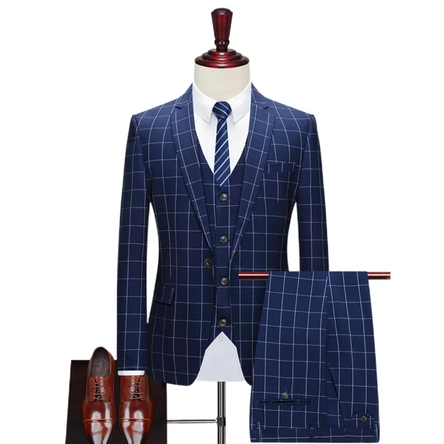 $US $36.95 Men 3 Pieces Suit Spring Autumn Plaid Slim Fit Business Formal Casual Check Suits Office Work Party Prom Wedding Groom