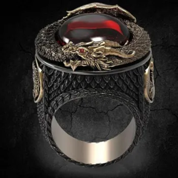 

FDLK Vintage Dragon and Phoenix Ring for Men Jewelry Fashion Punk Style Red Crystal Rings for Male Party Ring Gift