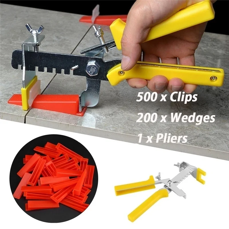 Floor Wall Plastic Tile Leveling System Tools 500 x Clips + 200 x Wedges + 1 x Pliers afbeelding