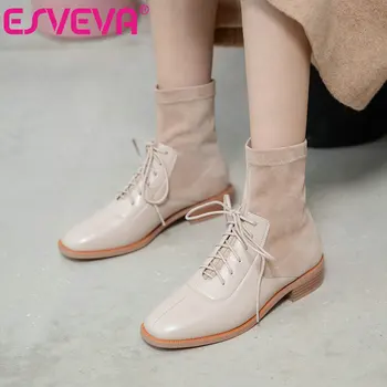 

ESVEVA 2021 Flock+PU Round Toe Square Low Heel Ankle Boots Women Boots Shoes Western Style Black Boots Size 34-43