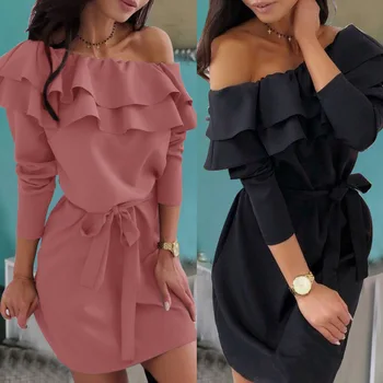 

clothing UVRCOS Autumn New European and American Women's Amazon Popular Solid Color Ruffles Long-Sleeved Dress Om9225