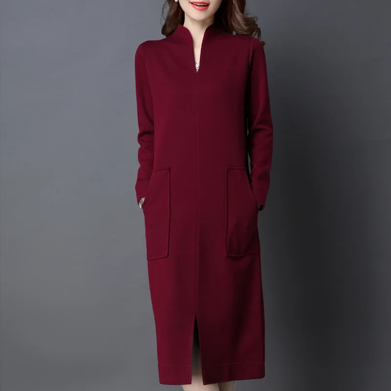 

Mid-length Wool Jersey Dress Autumn Stand Collar Pullover Sweater Dress Women's over-the-Knee Long Skirts Slit Base Skirt