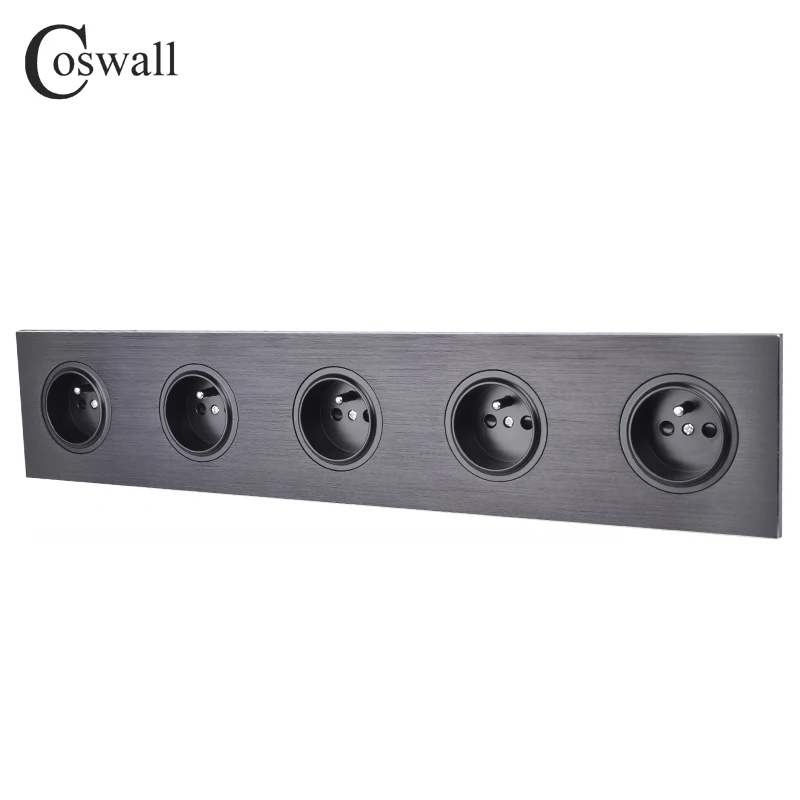 Coswall черная алюминиевая панель 16A купольная французская стандартная настенная розетка 5 банд розетка заземленная с детским защитный замок