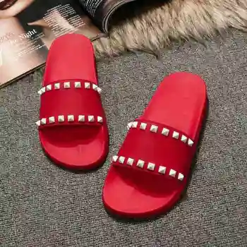 

Popular popular luxury brand designer studded women's shoes fashion flat sandals and slippers leisure beach outdoor flip-flops