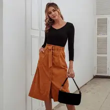 Женская Вельветовая юбка на пуговицах с высокой талией и бантом, прямая юбка в винтажном стиле, эластичная Юбка До Колена