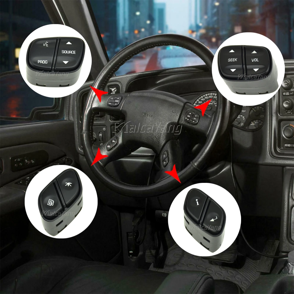 Fits Chevy Silverado Steering Wheel Regulator Buttons for GMC Yukon Hummer H2 Avalanche seek Volume Radio Volume Control Switch